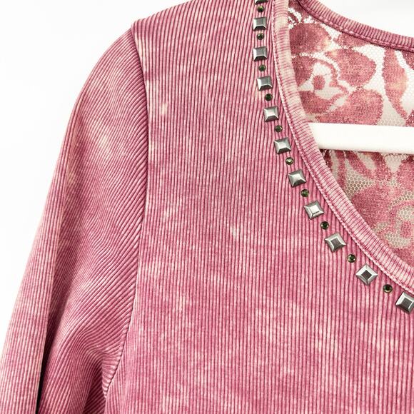 American Age Womens Y2K Studded Ribbed Lace Back Long Sleeve‎ Henley Top Size M - Picture 5 of 7
